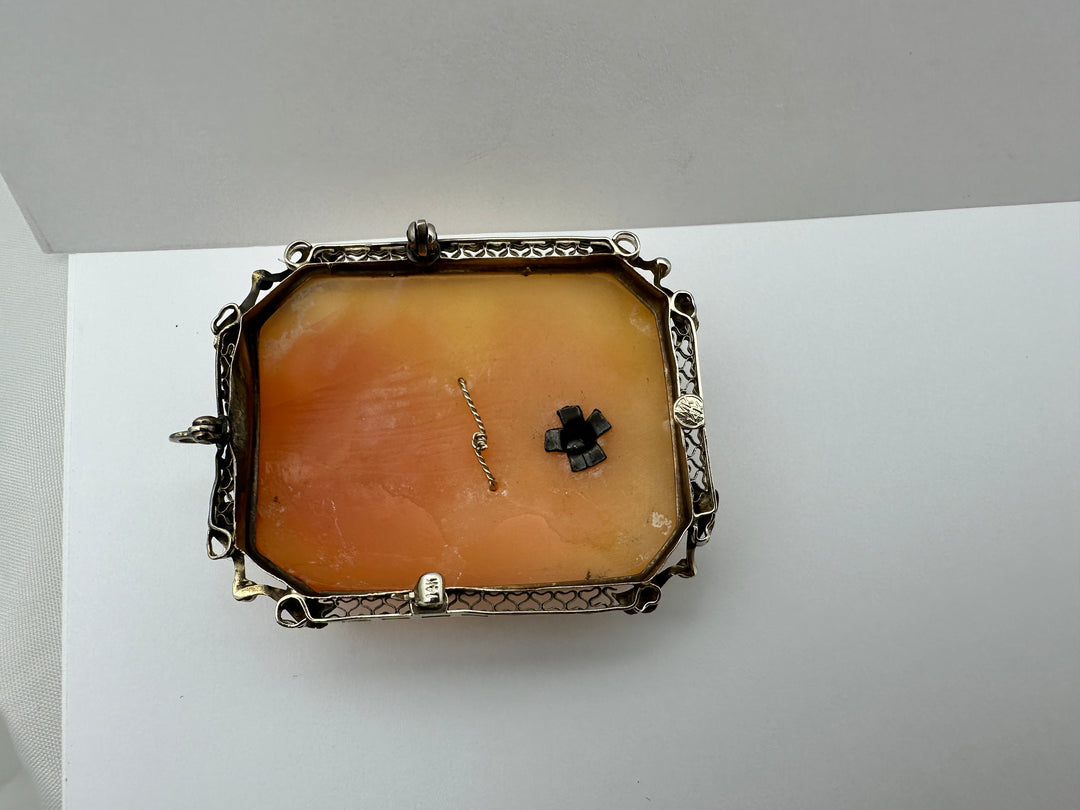 1800's Victorian Cameo with Diamond 14 Karat White Gold brooch pendant