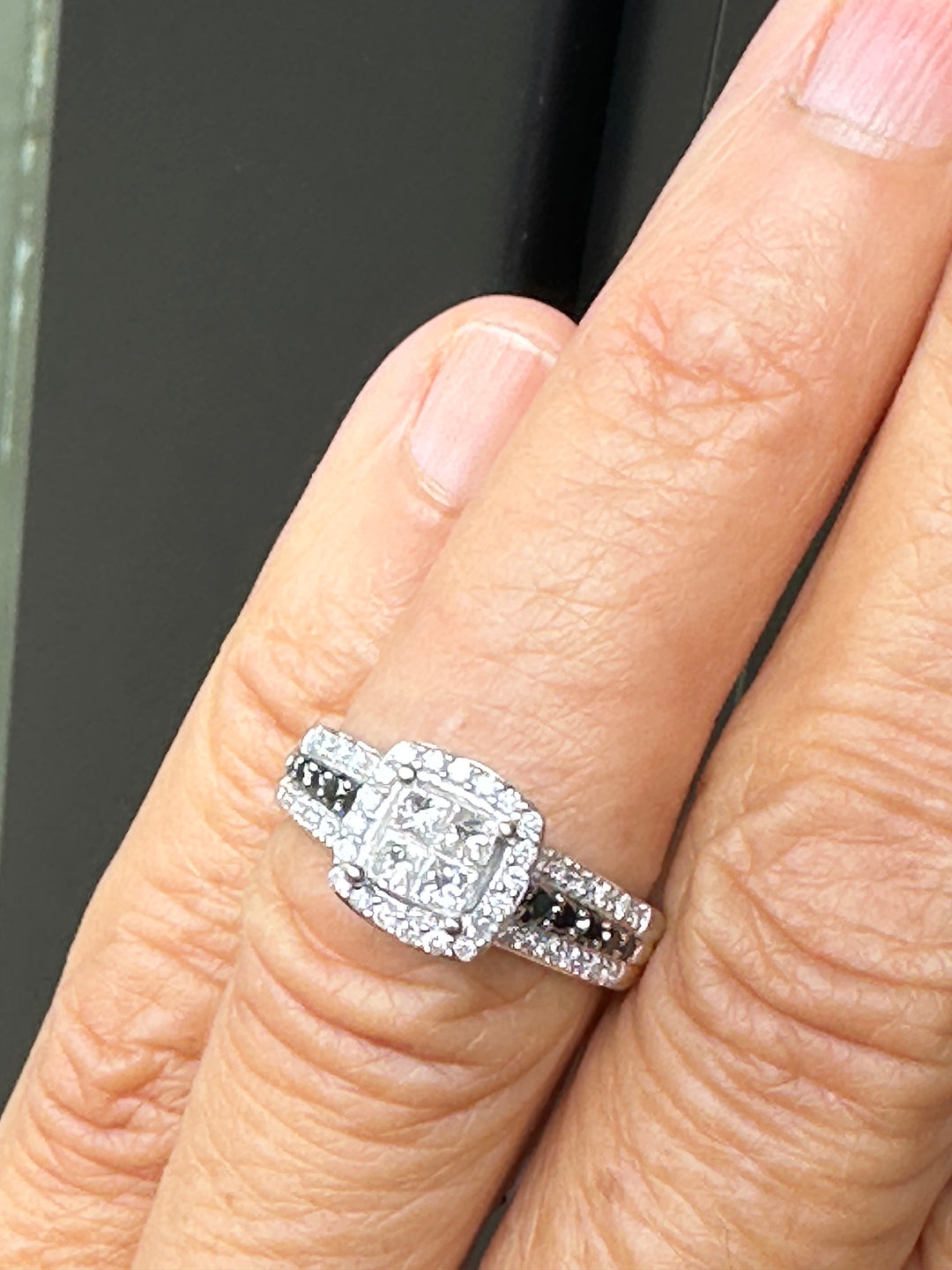 14K White Gold Princess-Cut Quad Diamond Halo Ring with Black Diamond Accents .75ctw