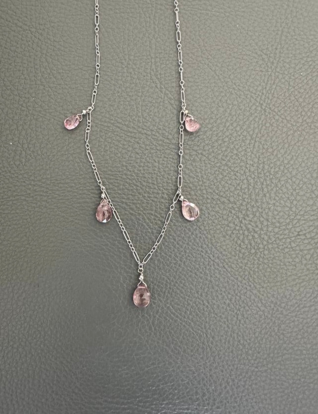 14Kt White Gold Rose Quart Briolette Gemstone, Paperclip Style Chain Necklace