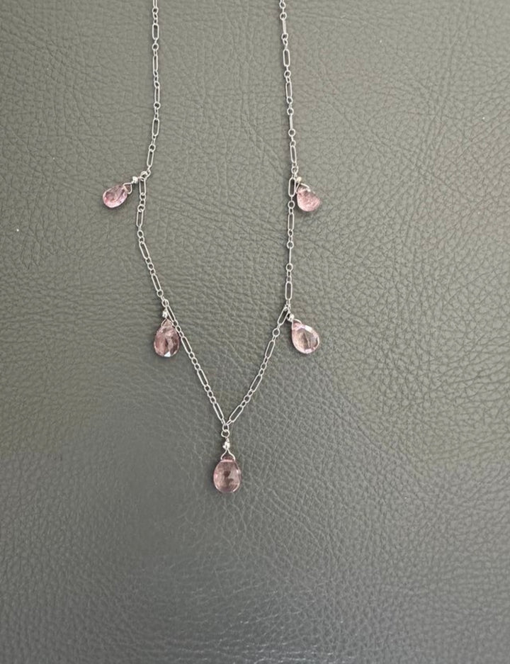 14Kt White Gold Rose Quart Briolette Gemstone, Paperclip Style Chain Necklace