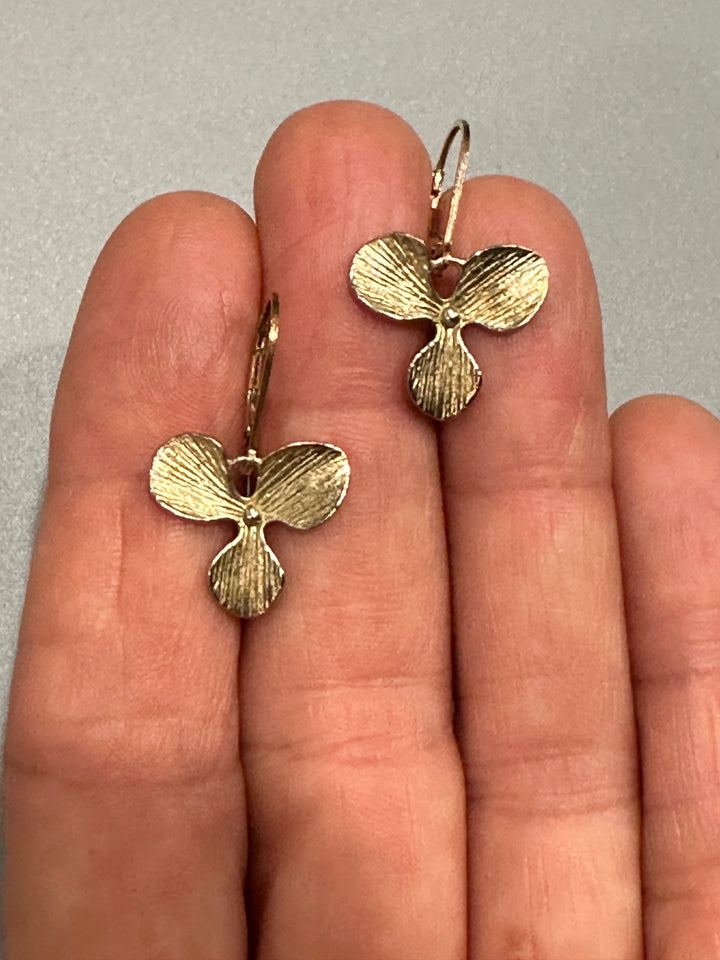 Vintage 3/4” Pansy Flower Earrings Sterling Silver 14-Karat Lever Backs & BONUS Hook