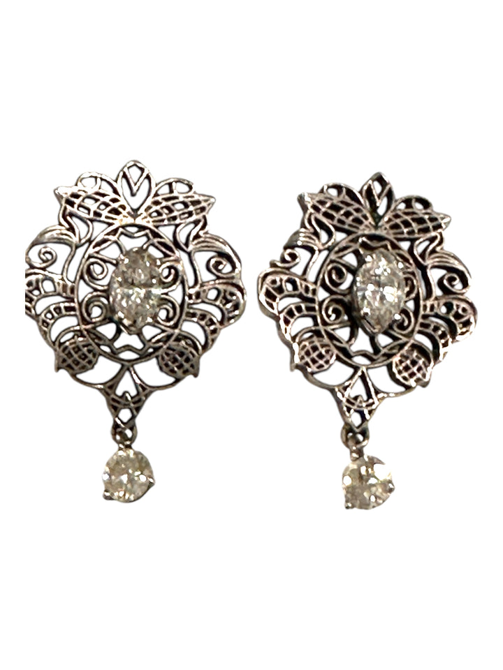 Vintage Diamond Filigree Dangle, 1 Carat Stud Earrings