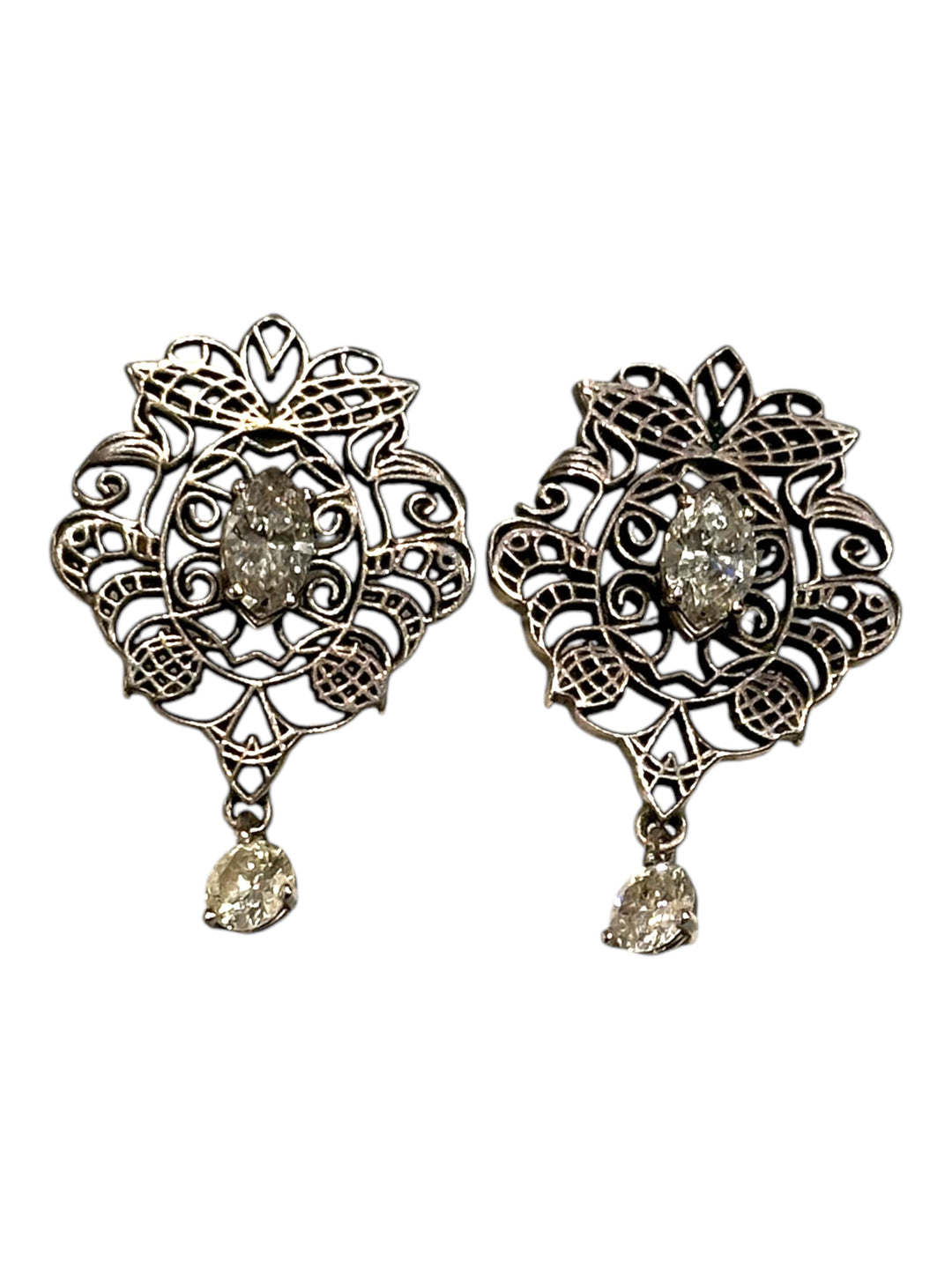 Vintage Diamond Filigree Dangle, 1 Carat Stud Earrings