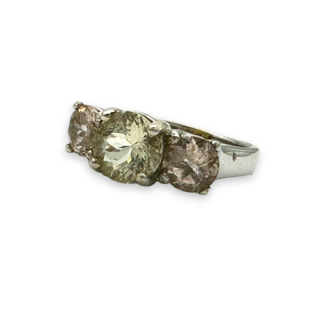 14kt Morganite and Prasiolite 3-stone Gemstone Ring 2.75 karat total weight ￼