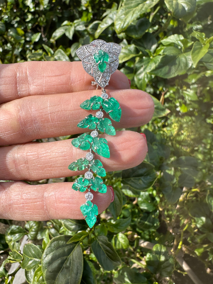 18Kt Diamond & Carved Emerald Foliate Drop Earrings