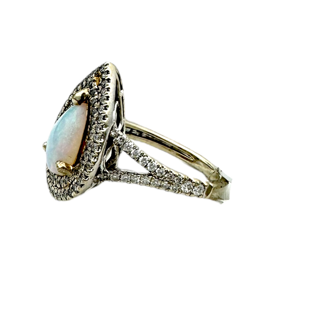 14 karat white gold double halo opal ring .80 carat diamond