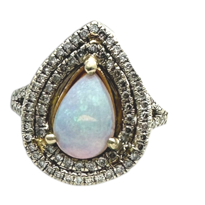 14 karat white gold double halo opal ring .80 carat diamond