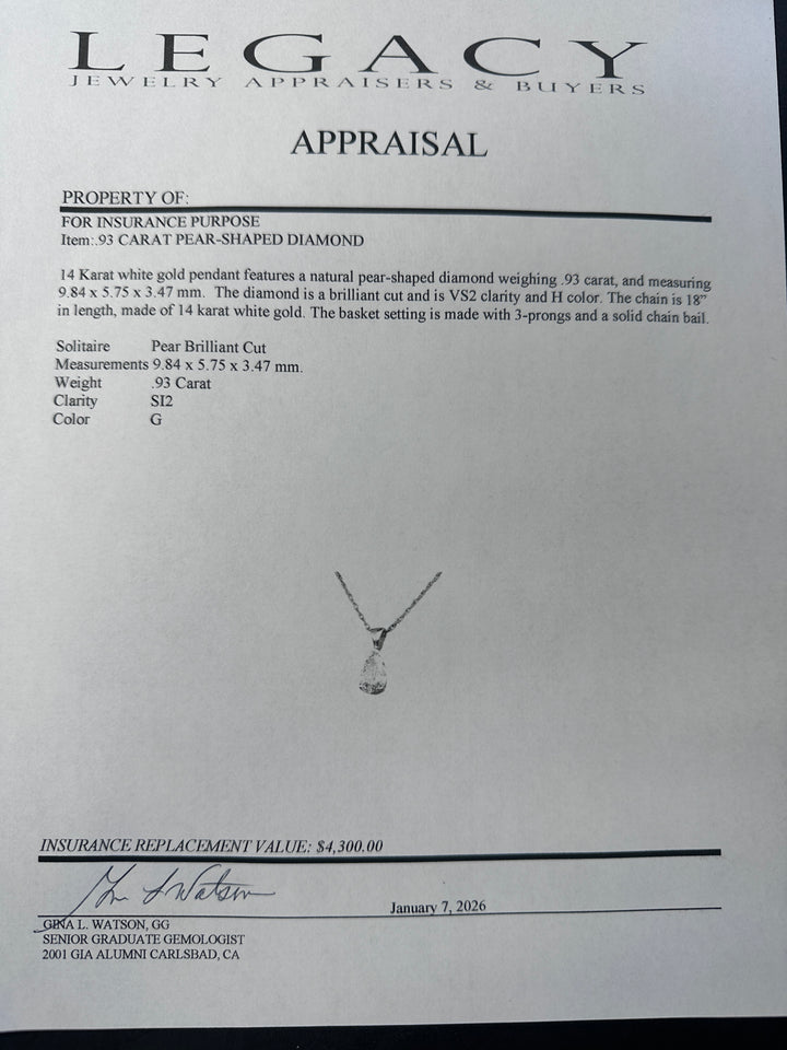 14Kt. Natural .93ct Pear Diamond Certified VS1-H Pendant & Chain
