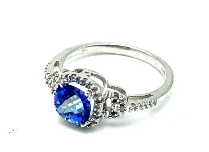 Blue Mystic Topaz Diamond Halo Ring White 10K Gold