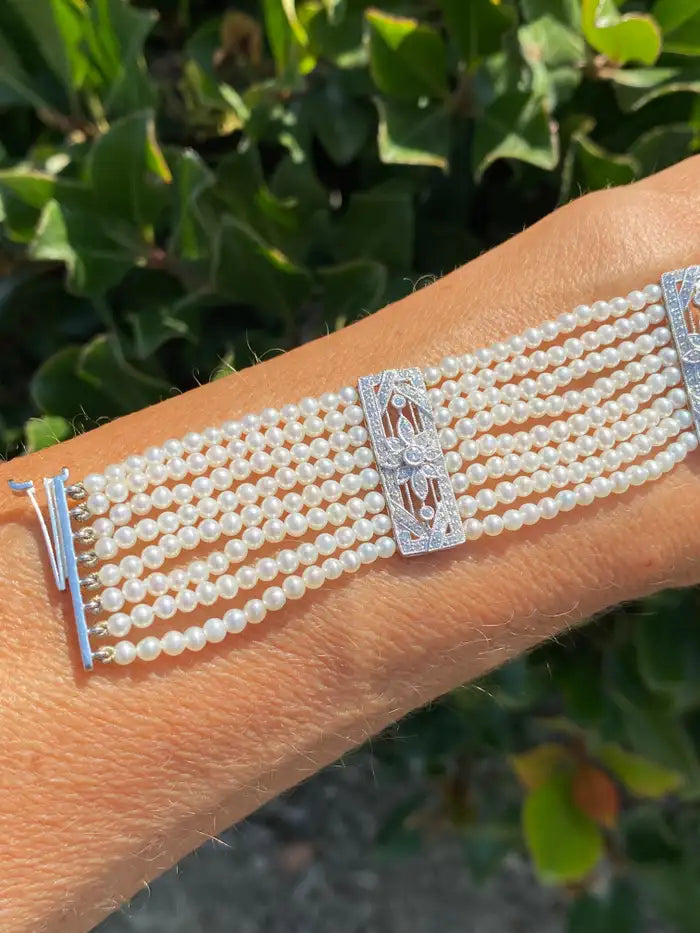 8 Strand Pearl and Diamond Bracelet Platinum AAA Quality VS F-G Color
