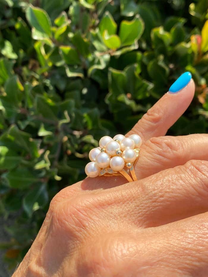 AAA Quality Pearl Cluster Ring with Diamond 14 Karat Yellow Gold
