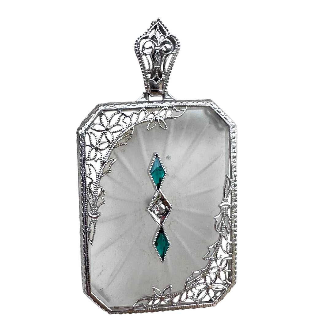 1920s 14 karat White Gold Art Deco, Diamond and Emerald, Pendant