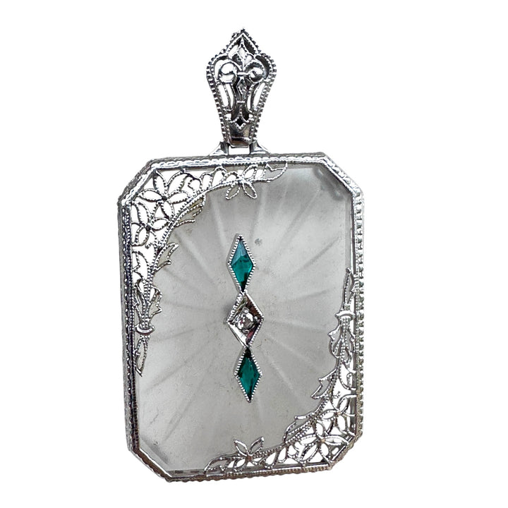 1920s 14 karat White Gold Art Deco, Diamond and Emerald, Pendant