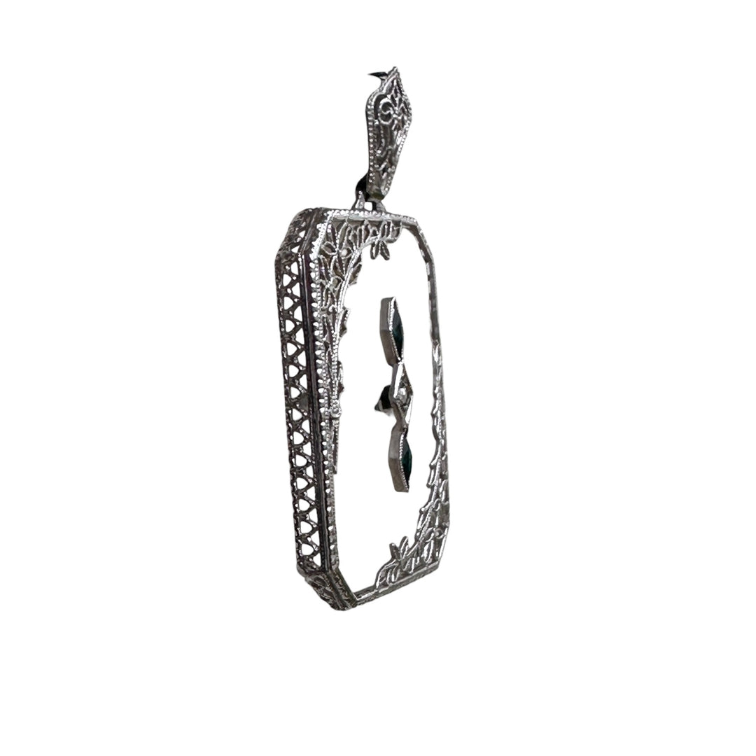 1920s 14 karat White Gold Art Deco, Diamond and Emerald, Pendant