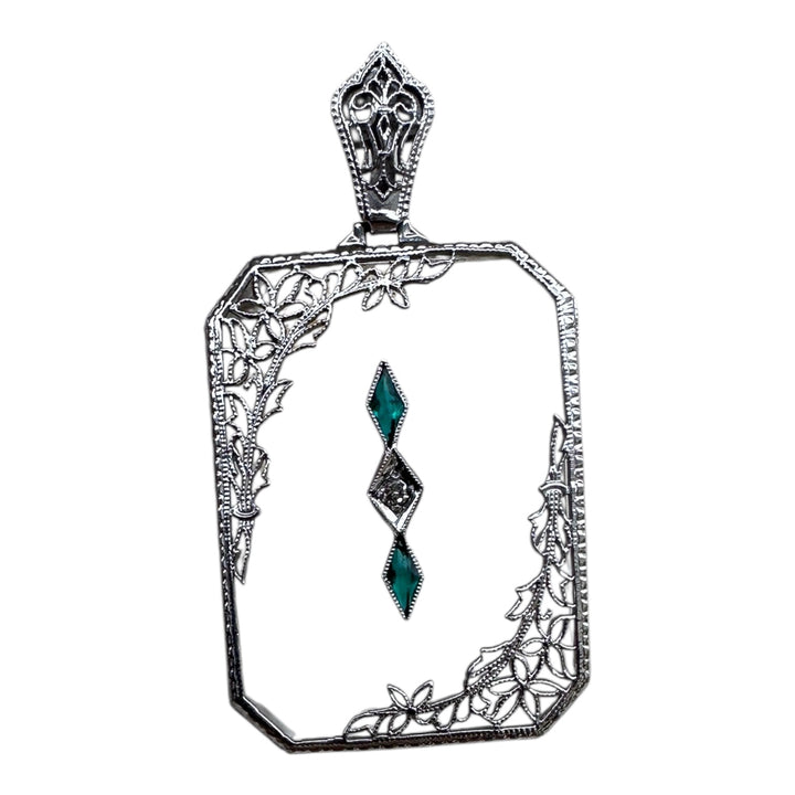 1920s 14 karat White Gold Art Deco, Diamond and Emerald, Pendant