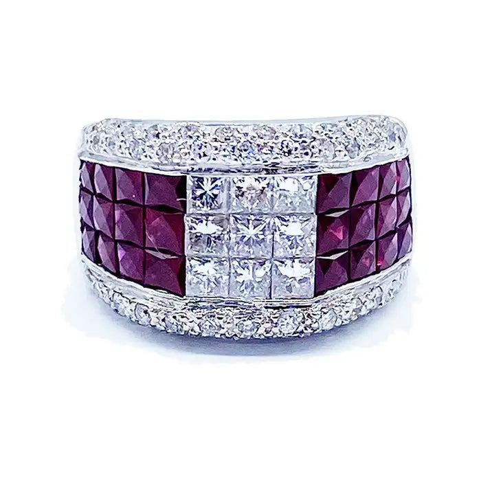 4.80 ctw Invisible Diamond and Burma Ruby Ring Wide 18 Kt White Gold
