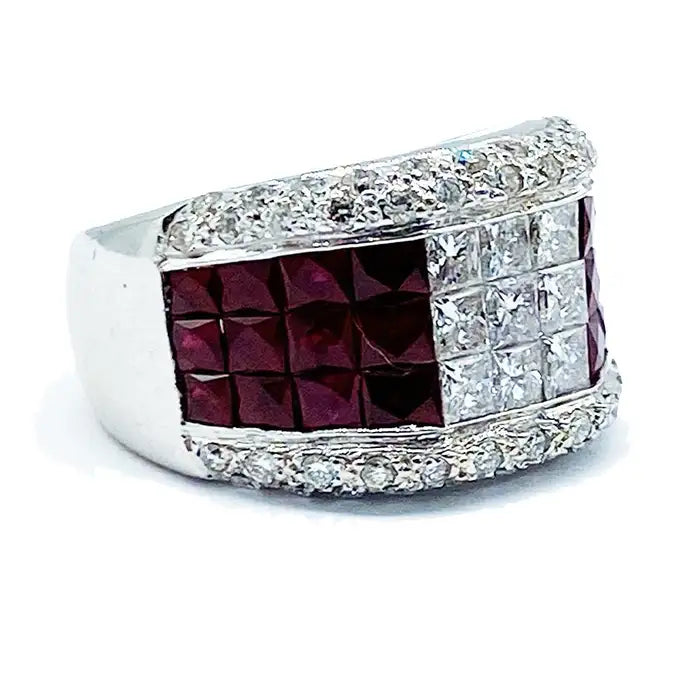 4.80 CTW Invisible Diamond and Pigeon Blood Ruby Ring Wide 18 Kt White Gold