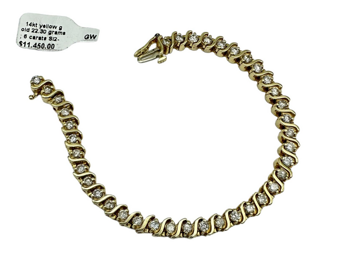 14K 6.00 Carat Diamond Tennis Bracelet Yellow Gold "S" Link