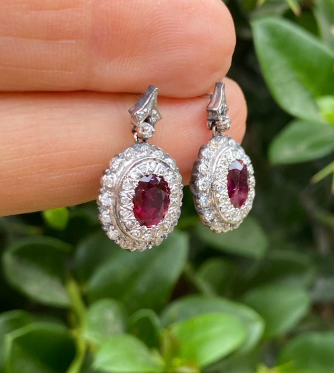 Vintage 2 Carat TW Ruby and Antique Diamond Drop Earring
