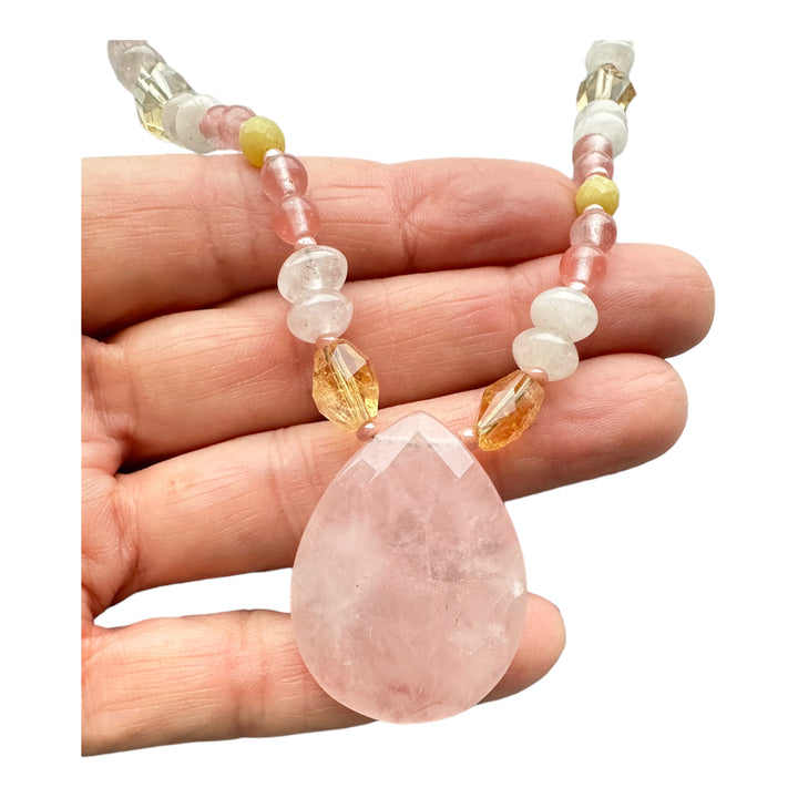 20" Pear Shaped Rose Quartz on Bead Multi-Colored Necklace
