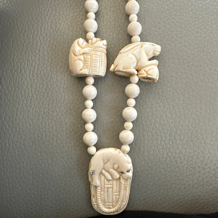 Carved Chinese Netsuke Good Luck Bead Necklace