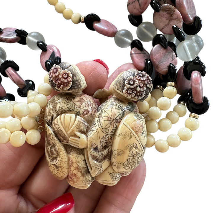 Ivory Colored & Pink Netsuke Chinese Ladys on Multi-Strand Rhodonite Necklace