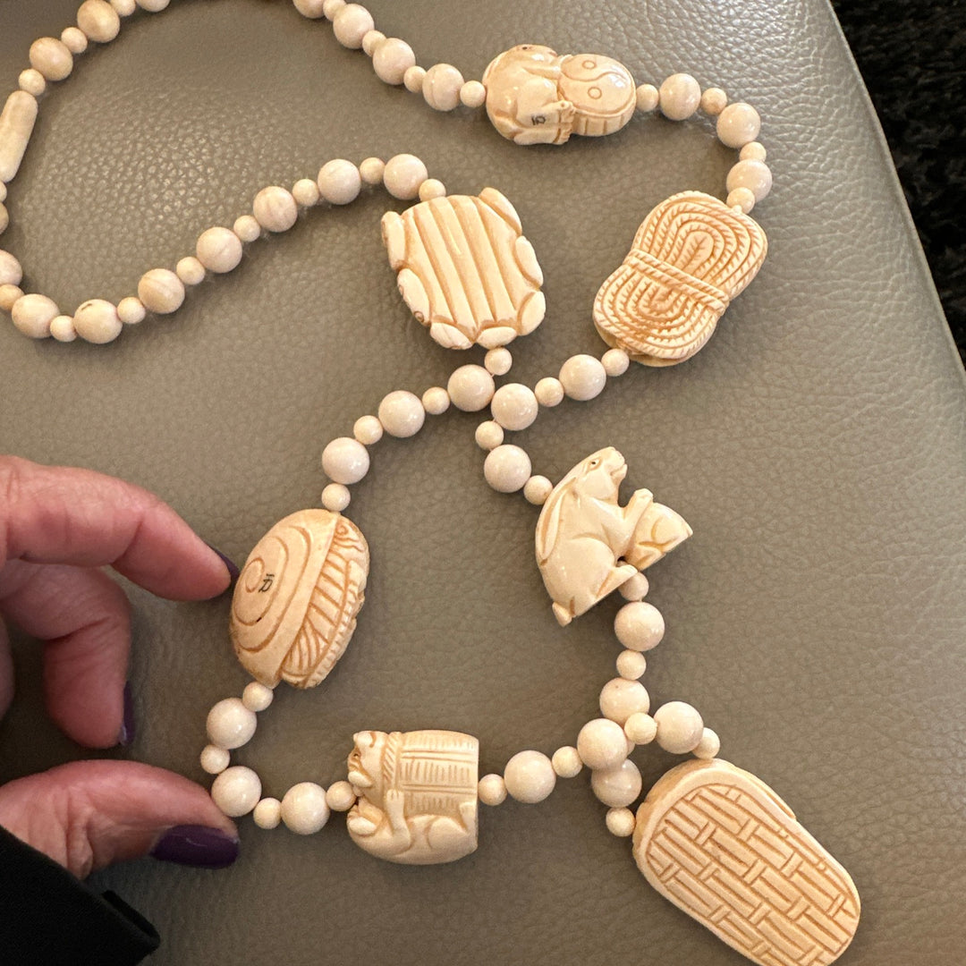 Carved Chinese Netsuke Good Luck Bead Necklace