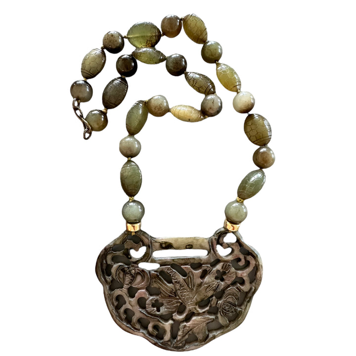 Dragonfly Jade Carved Emblem Statement Necklace with Green Beads