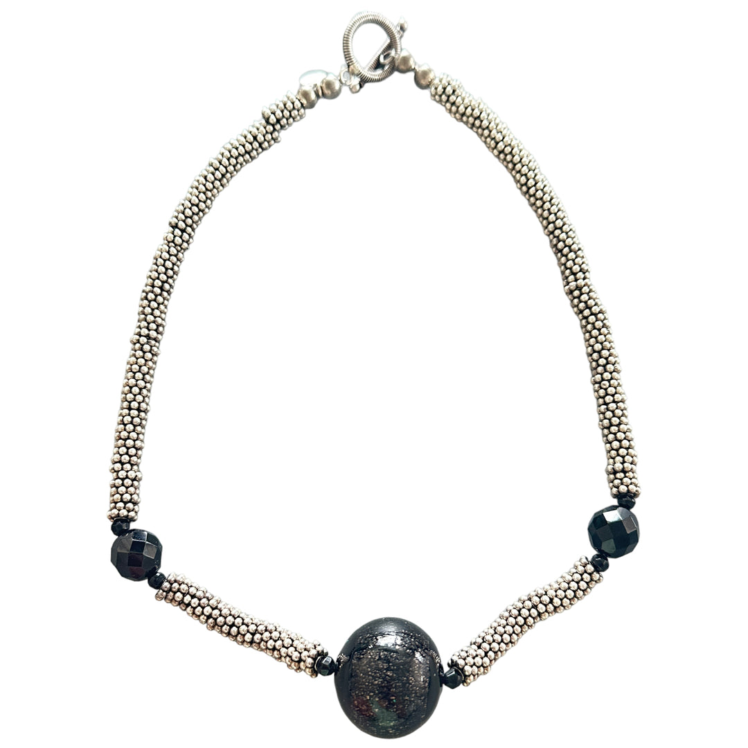 16" Black Beaded Silver Choker Necklace