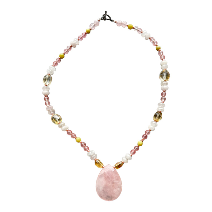 20" Pear Shaped Rose Quartz on Beaded Multi-Colored Necklace