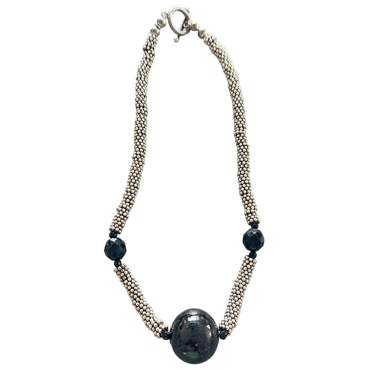 16" Black Bead Silver Choker Necklace