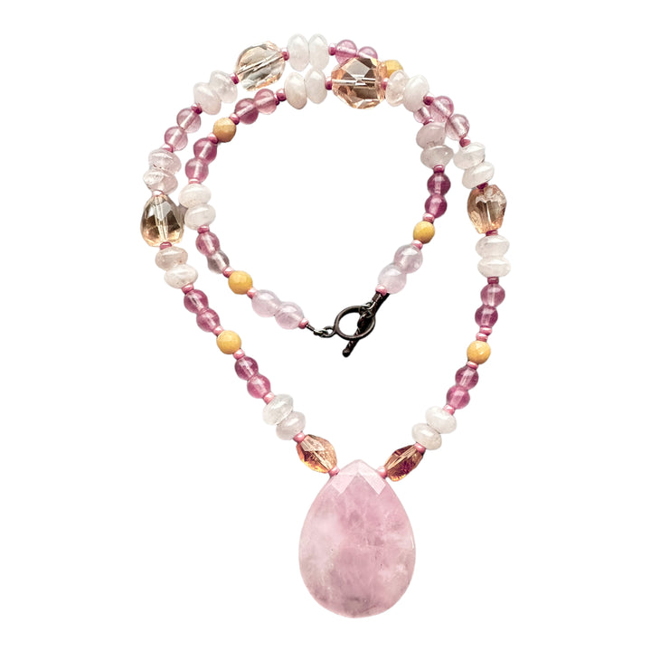 20" Pear Shaped Rose Quartz on Beaded Multi-Colored Necklace