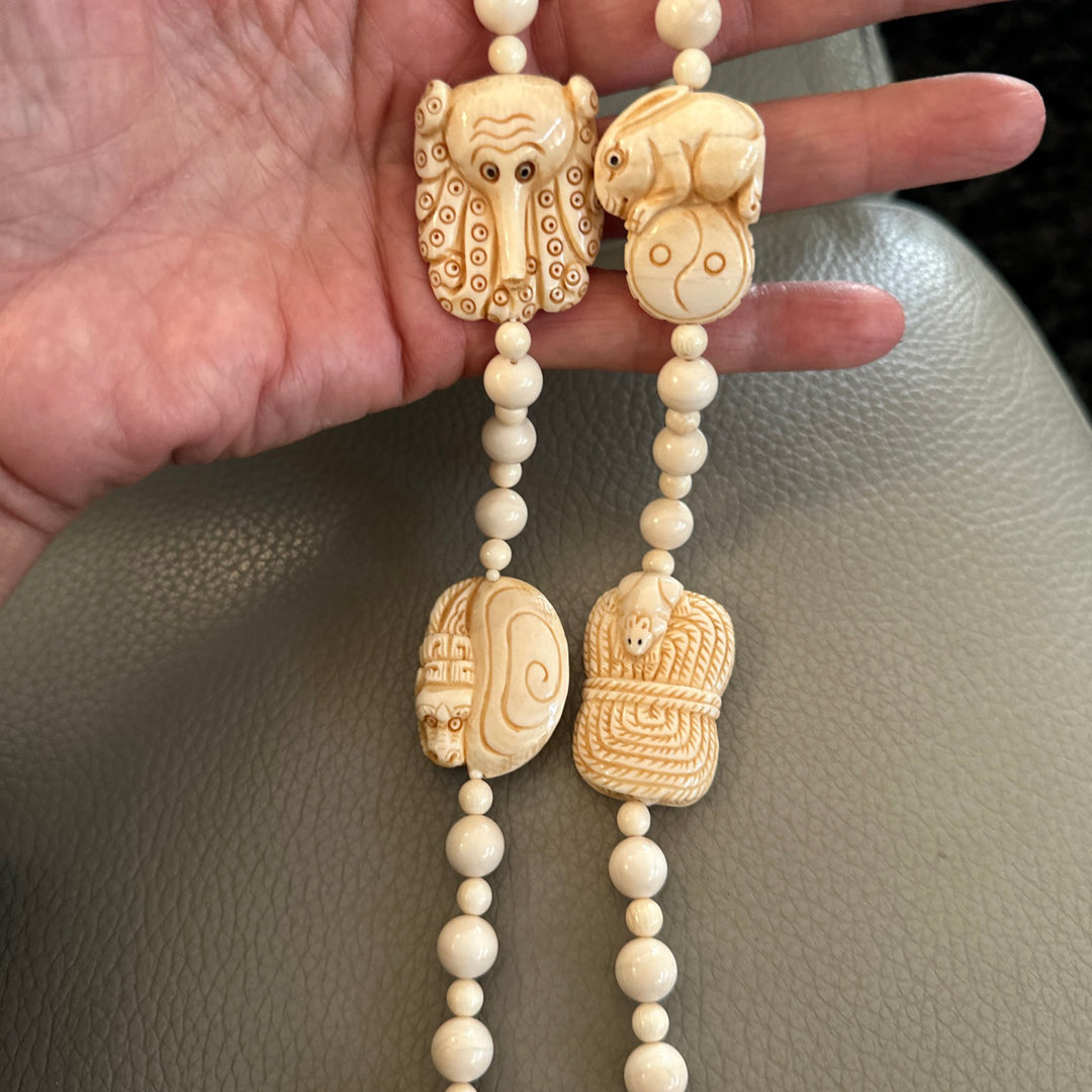 Carved Chinese Netsuke Good Luck Beaded Necklace