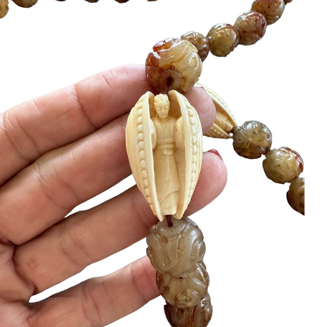 Ivory Colored Chineses Nutsuke Priest Carved on Brownish Jade Beads