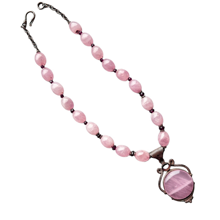 1980's Sterling Silver Rose Quartz Pendant & Beads