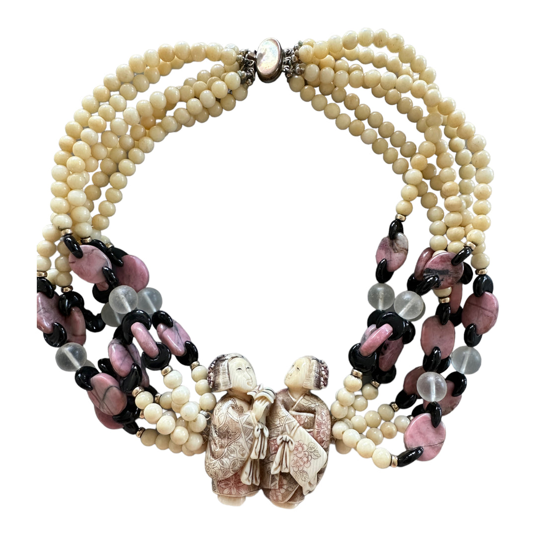 Ivory Colored & Pink Netsuke Chinese Ladys on Multi-Strand Rhodonite Necklace