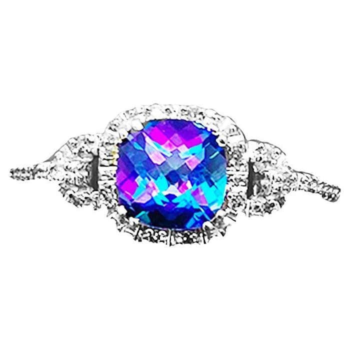 Blue Mystic Topaz Diamond Halo Ring White 10K Gold