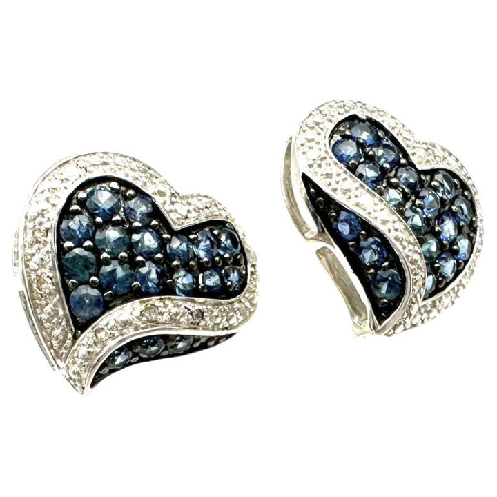 1.80 Carat Blue Sapphire and Diamond Heart Earrings White Gold