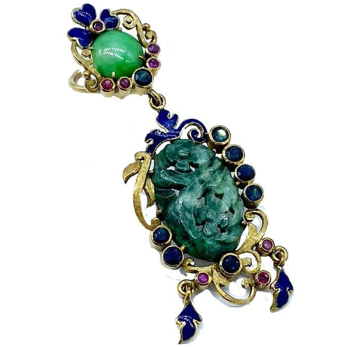 Etruscan Jade Enamel and Sapphire Dangle Earrings 1.80 Carats 14 Karat Yellow