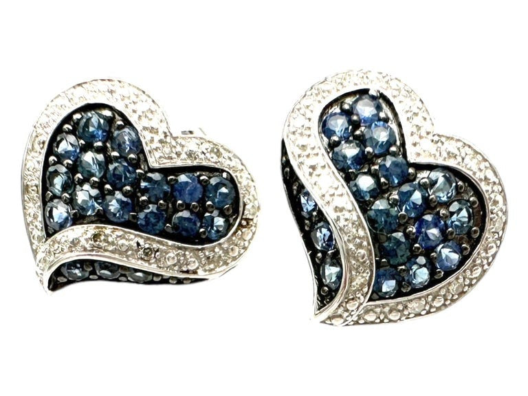 1.80 Carat Blue Sapphire and Diamond Heart Earrings White Gold