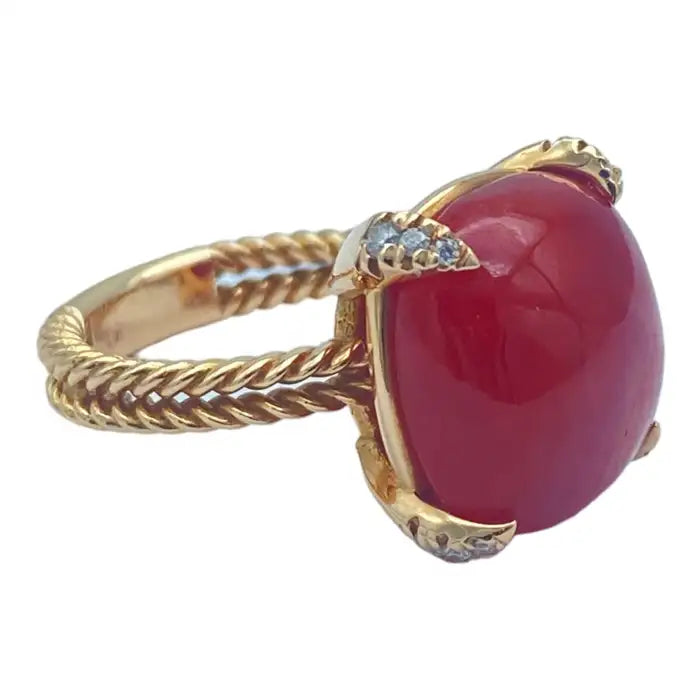 14K Red Coral Sugarloaf & Diamond Pink Gold Ring