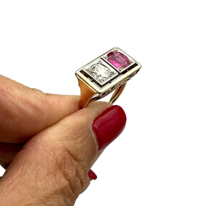 1800's Art Deco Old Miners Cut Diamond & Ruby 2.20 Carat Ring