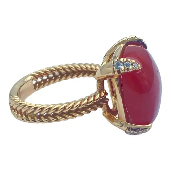 14Kt Red Coral Sugarloaf & Diamond Pink Gold Ring