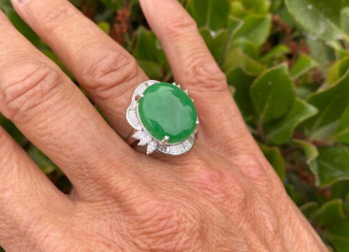 15 Ct. Jadeite and Diamond Ballerina Ring 14Kt White Gold