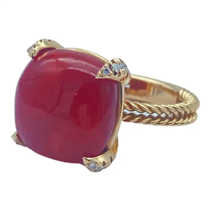 14Kt Red Coral Sugarloaf & Diamond Pink Gold Ring