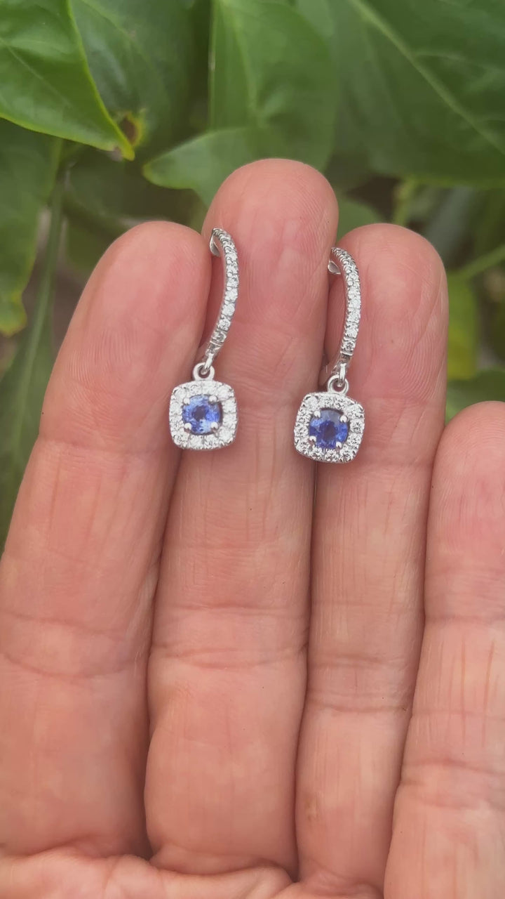 14 karat 2.00 carat sapphire, and diamond halo huggy earrings