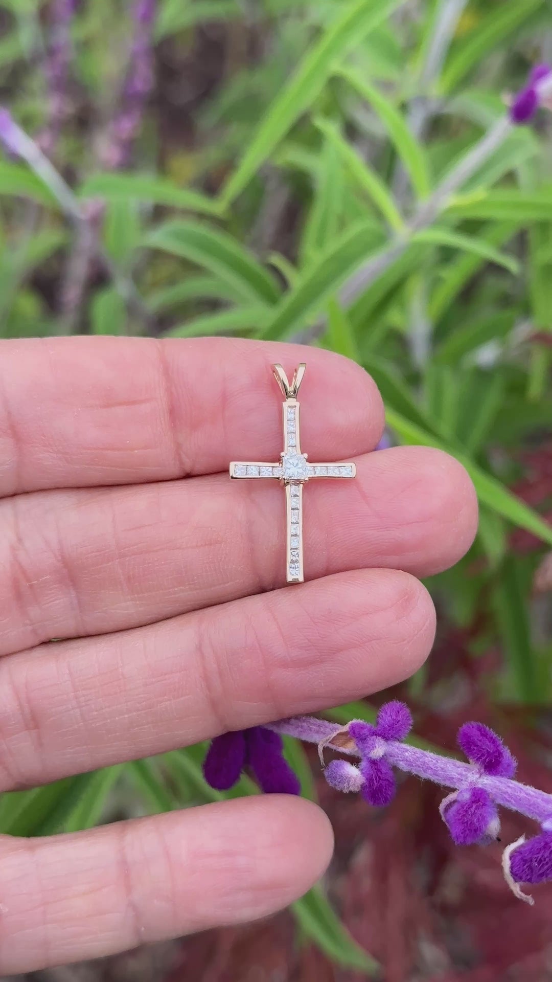 14 Karat Yellow Gold Princess .95ct Diamond Channel Cross 1-1/2”Length
