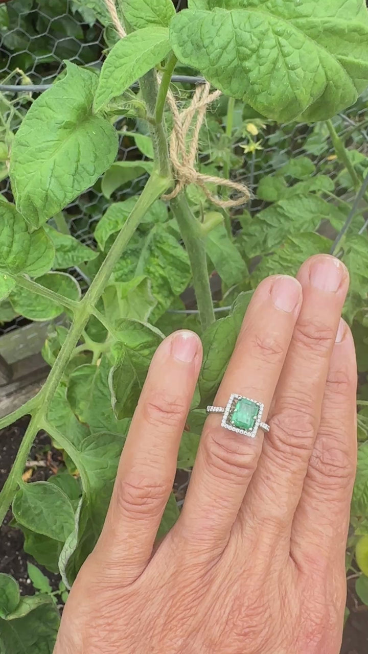14kt Gold 2.48 Carat Colombian Emerald and Diamond Halo Ring