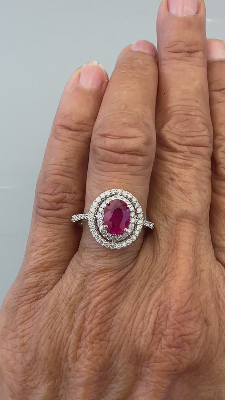 14kt White Gold 1.40 Carat Oval Ruby and Double Diamond Halo Cocktail Ring