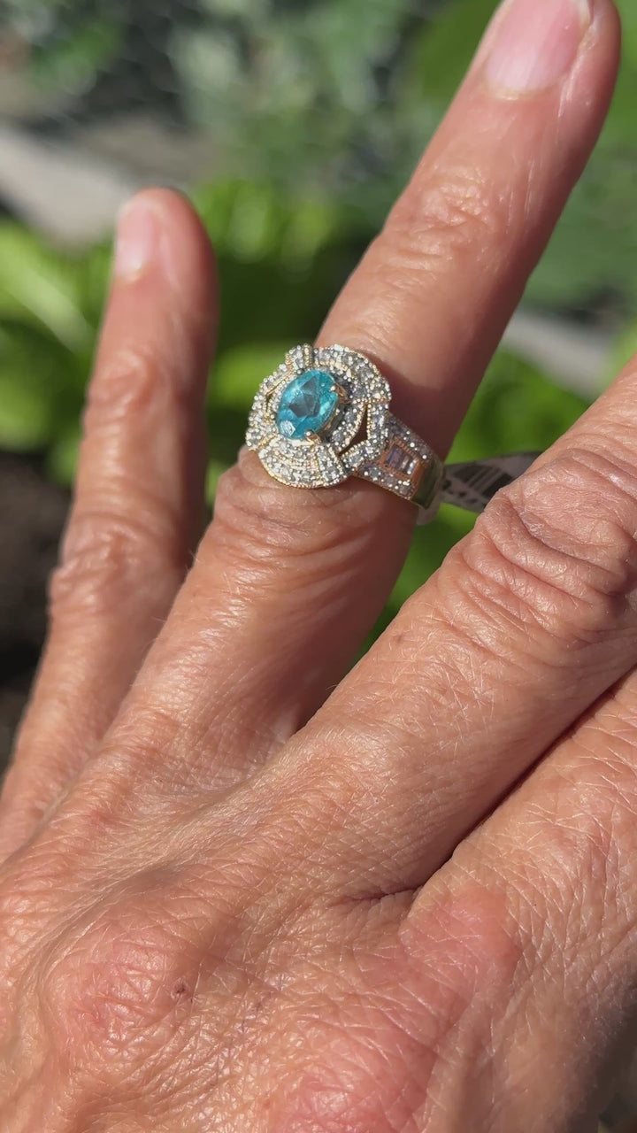14 Karat Yellow Gold Paraiba Tourmaline Diamond Halo 1.30ctw Ring ￼